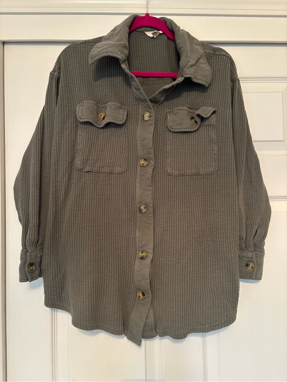 Terra & Sky Olive Waffle Knit Button-Down Shirt